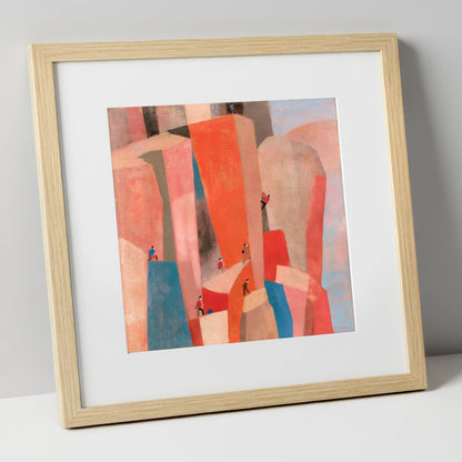 Geometric Climbers on a Crag lake district walking art print in natural frame