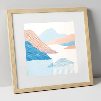 Ullswater Fells in Coral and Blue lake district lake art print in natural frame