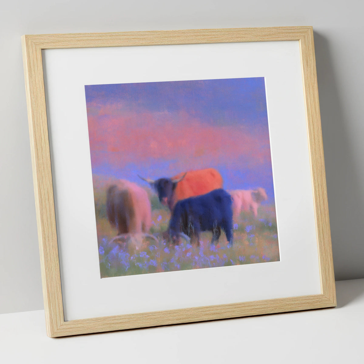 Highland Cattle in Pink Twilight lake district wildlife art print in natural frame