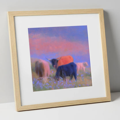 Highland Cattle in Pink Twilight lake district wildlife art print in natural frame