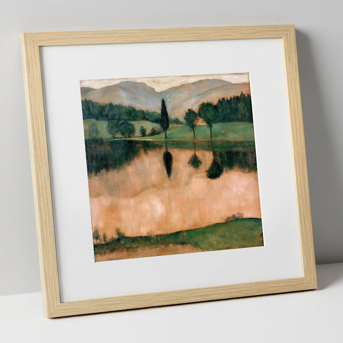 Warm Reflections on a Calm Lake lake district lake art print in natural frame