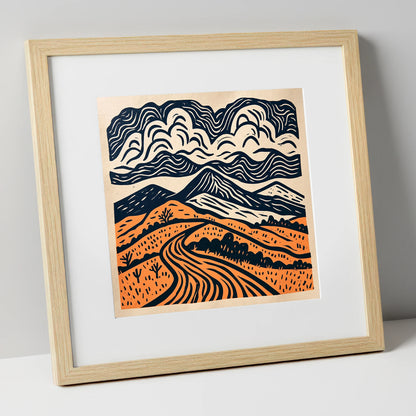 Rhythmic Terracotta Fells Under Cloud lake district fell art print in natural frame