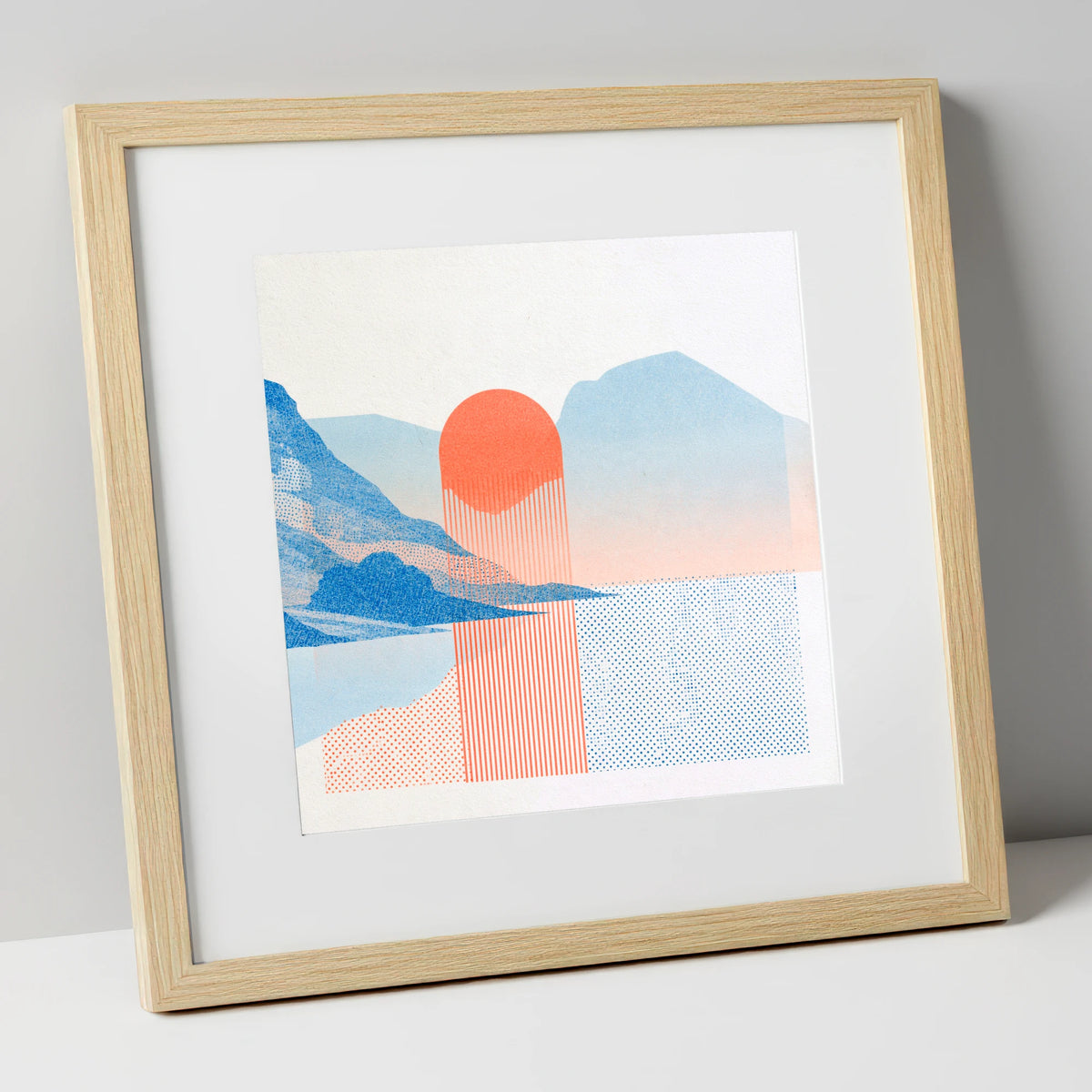 Modern Buttermere in Coral and Blue lake district lake art print in natural frame