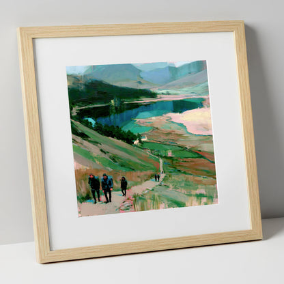 Fell Walkers Above the Lake lake district fell art print in natural frame