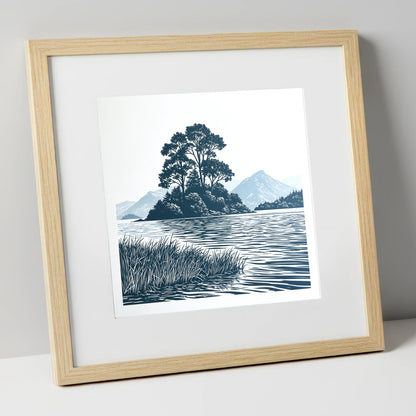 Derwentwater Island in Slate Blue lake district lake art print in natural frame