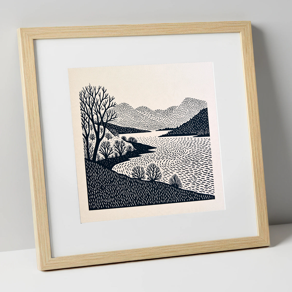 Stark Trees at Coniston Water lake district lake art print in natural frame