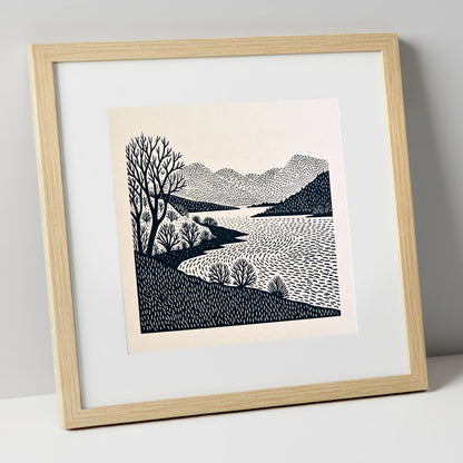 Stark Trees at Coniston Water lake district lake art print in natural frame