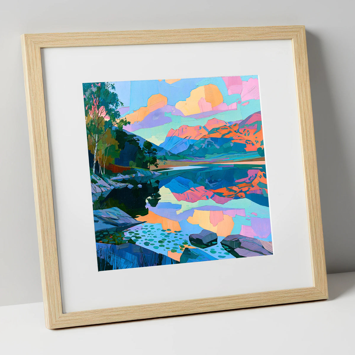 Pastel Dawn Over Still Lake lake district lake art print in natural frame