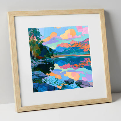 Pastel Dawn Over Still Lake lake district lake art print in natural frame
