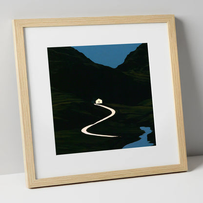 Glowing Winding Mountain Pass lake district valley art print in natural frame
