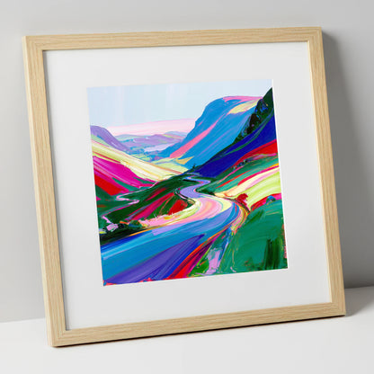 Vivid Sweeping Mountain Pass lake district valley art print in natural frame