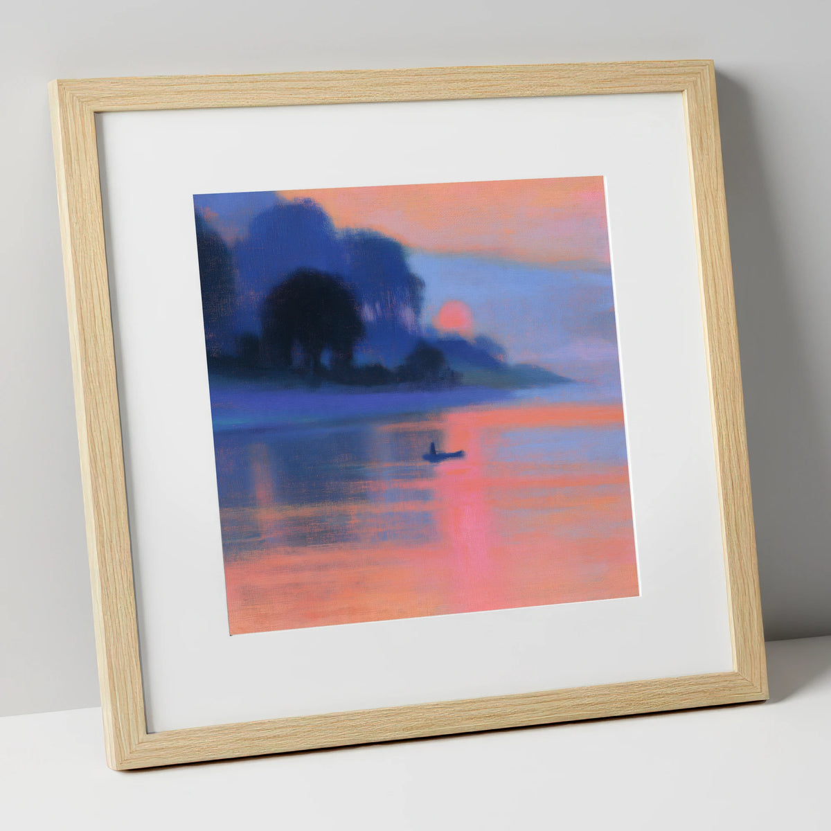 Indigo and Pink Lake Sunset lake district lake art print in natural frame
