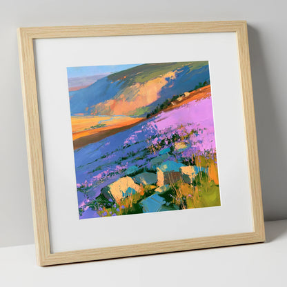 Vibrant Purple Heather Fellside flowers & fellsides art print in natural frame