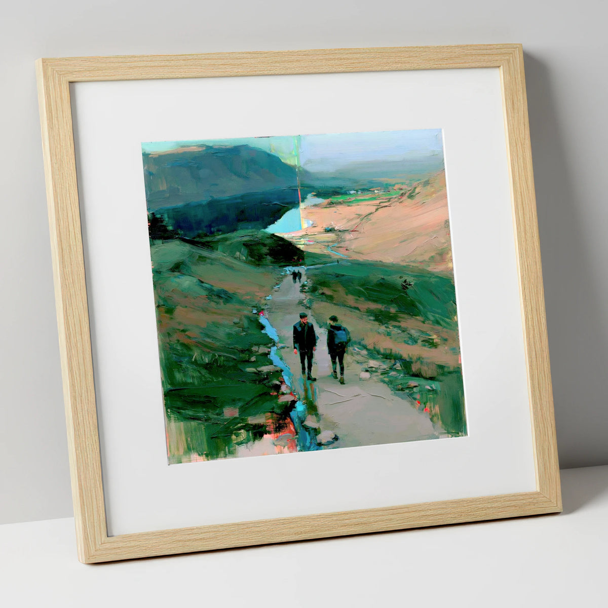 Mountain Hikers on the Fell Path lake district walking art print in natural frame