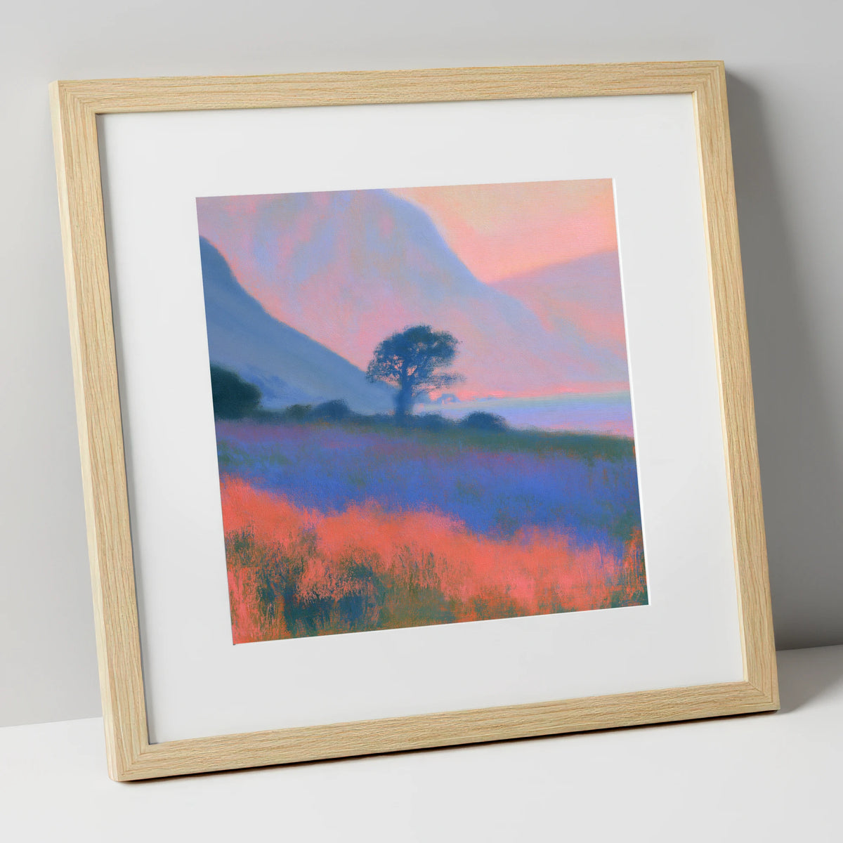 Pastel Dusk on the Fells lake district lake art print in natural frame