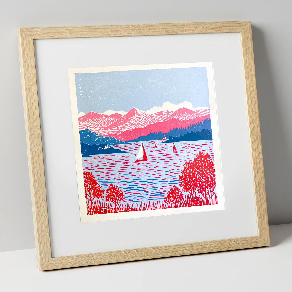 Pink Fells Over Coniston Water lake district lake art print in natural frame