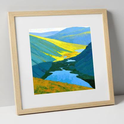 Sunlit Fells over Deep Blue Tarns lake district fell art print in natural frame