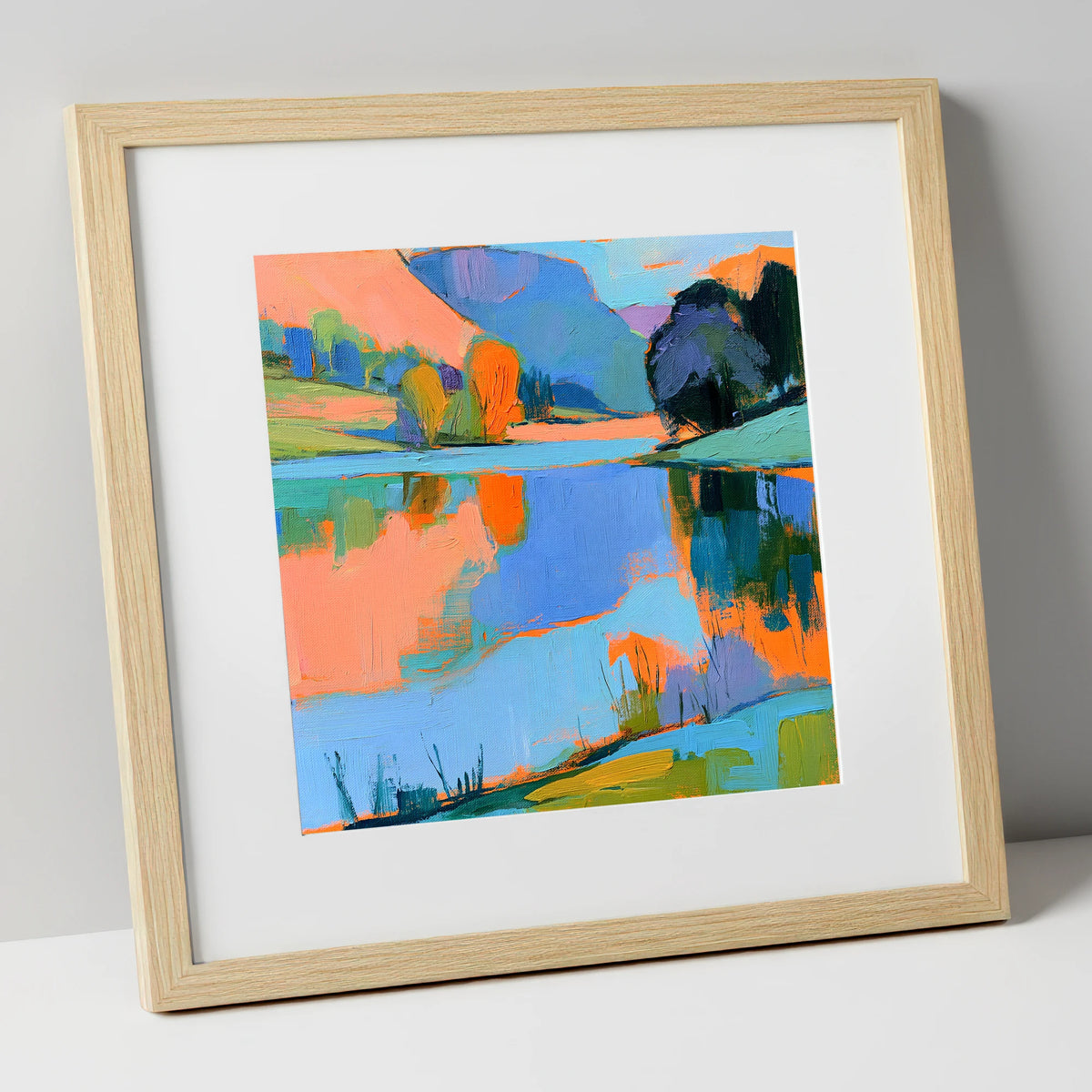 Vibrant Reflections on a Calm Lake lake district lake art print in natural frame