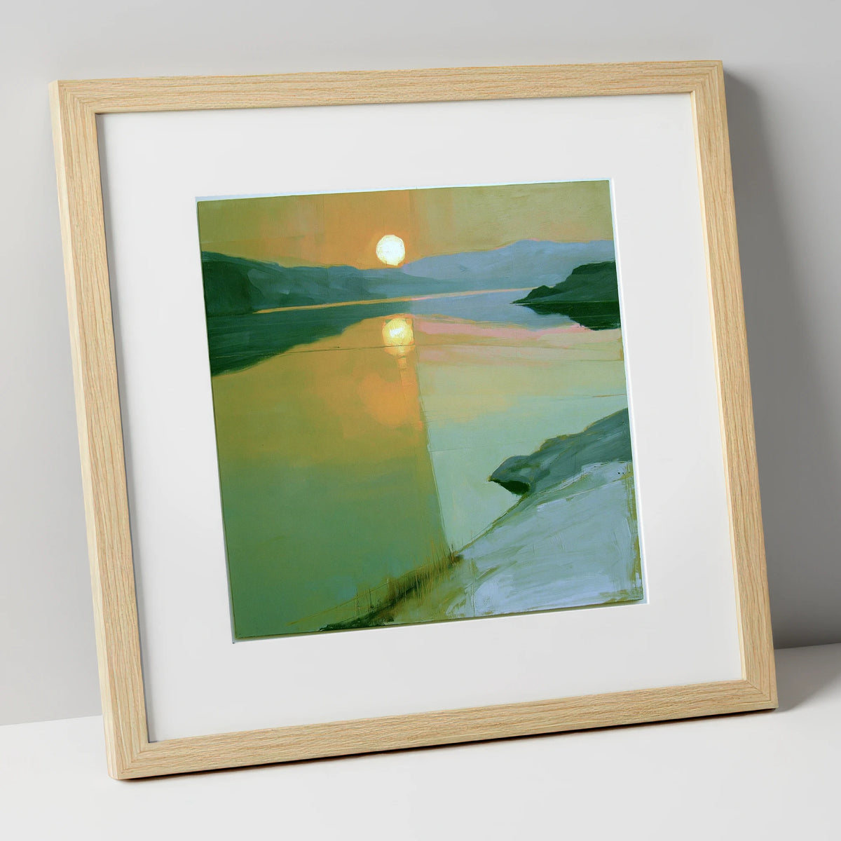 Lake Sunset in Sage Green lake district lake art print in natural frame
