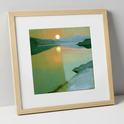 Lake Sunset in Sage Green lake district lake art print in natural frame