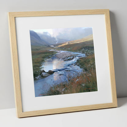 Winding Valley River in Sunlight lake district waterfall art print in natural frame