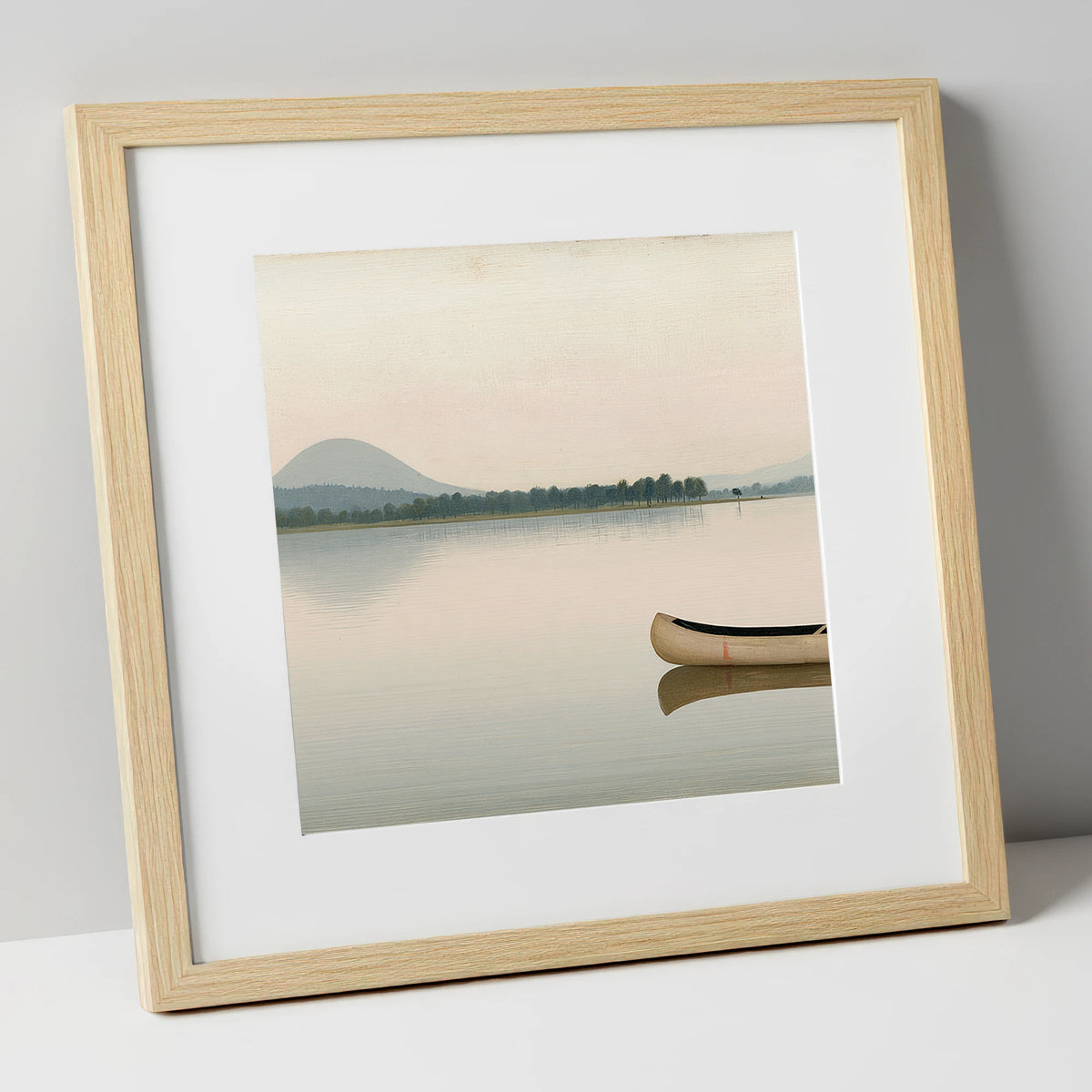 Wooden Canoe on Pale Windermere lake district lake art print in natural frame