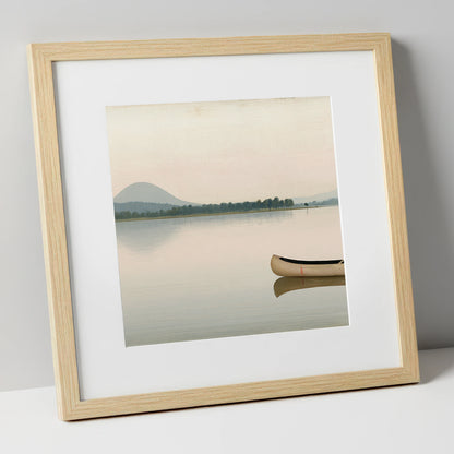 Wooden Canoe on Pale Windermere lake district lake art print in natural frame