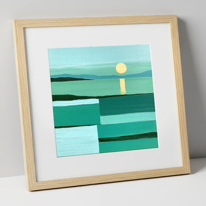 Abstract Teal Lake Sunset lake district lake art print in natural frame