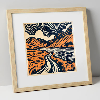 Ennerdale in Navy and Terracotta lake district valley art print in natural frame