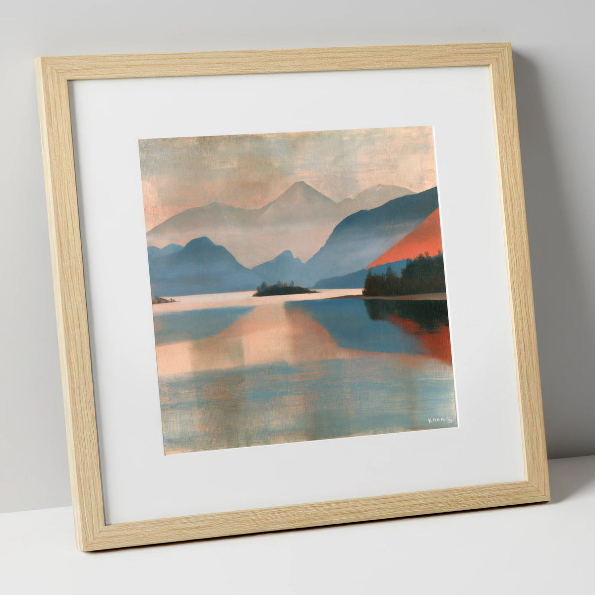 Terracotta Sunset on Derwentwater lake district lake art print in natural frame