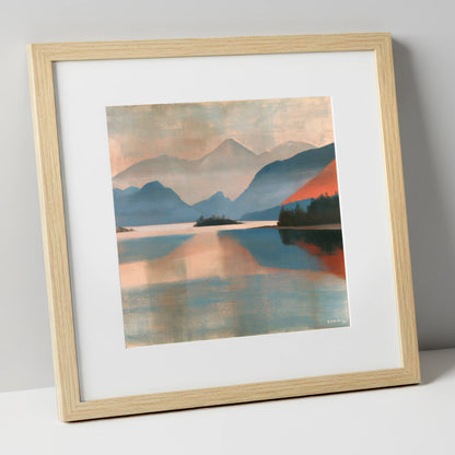 Terracotta Sunset on Derwentwater lake district lake art print in natural frame