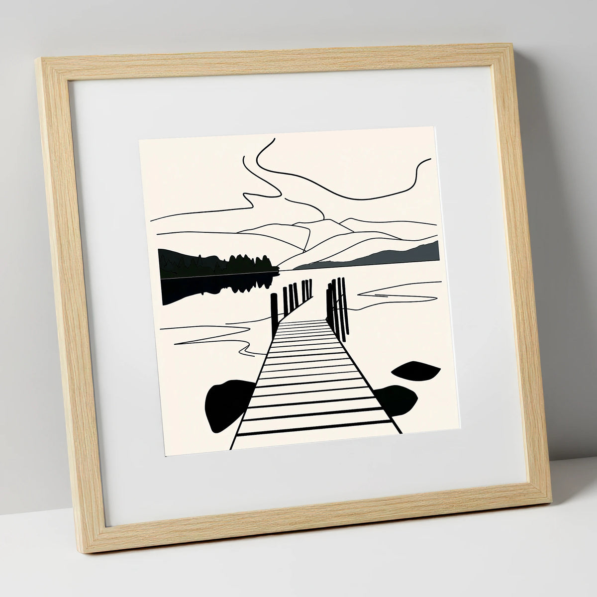 Minimalist Waterhead Jetty Ambleside lake district village art print in natural frame