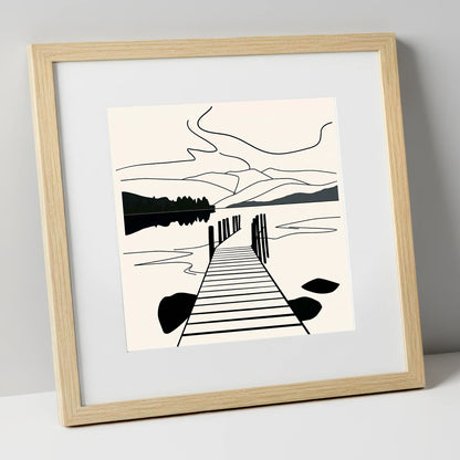 Minimalist Waterhead Jetty Ambleside lake district village art print in natural frame