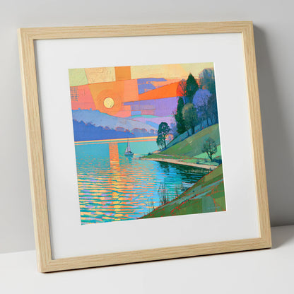 Orange Sunset Over Lakeland Water lake district lake art print in natural frame