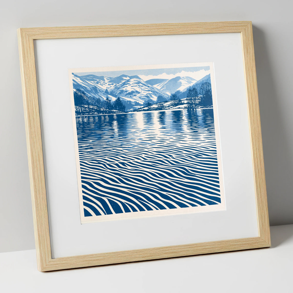 Rhythmic Blue Lake Reflections lake district lake art print in natural frame