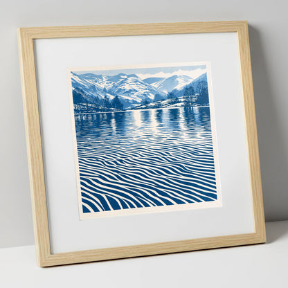 Rhythmic Blue Lake Reflections lake district lake art print in natural frame