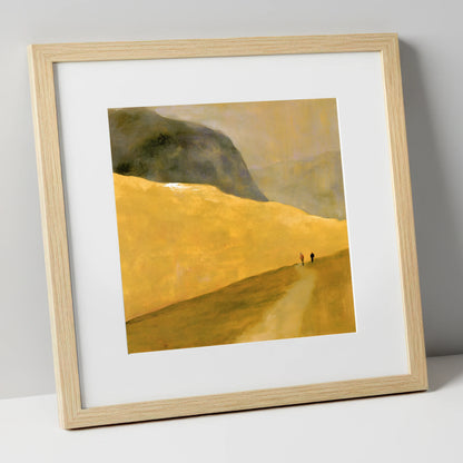 Walkers on a Golden Fell lake district walking art print in natural frame