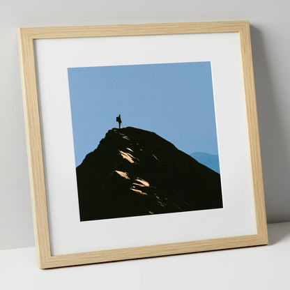 Walker Silhouette on Striding Edge lake district walking art print in natural frame