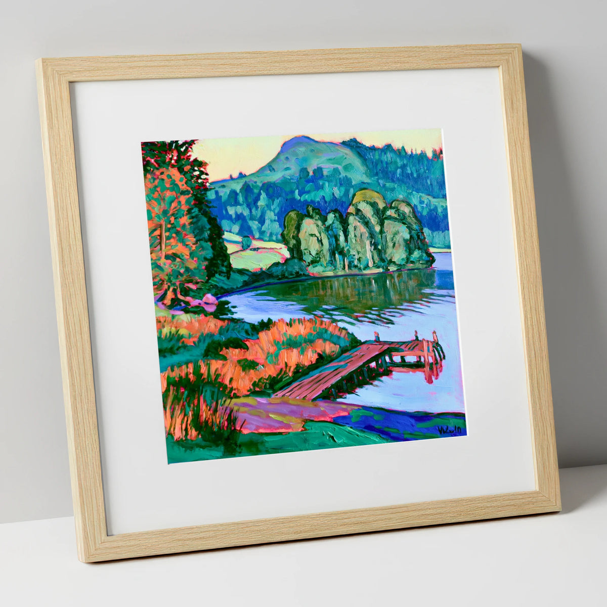 Vibrant Wooden Pier at Grasmere lake district lake art print in natural frame