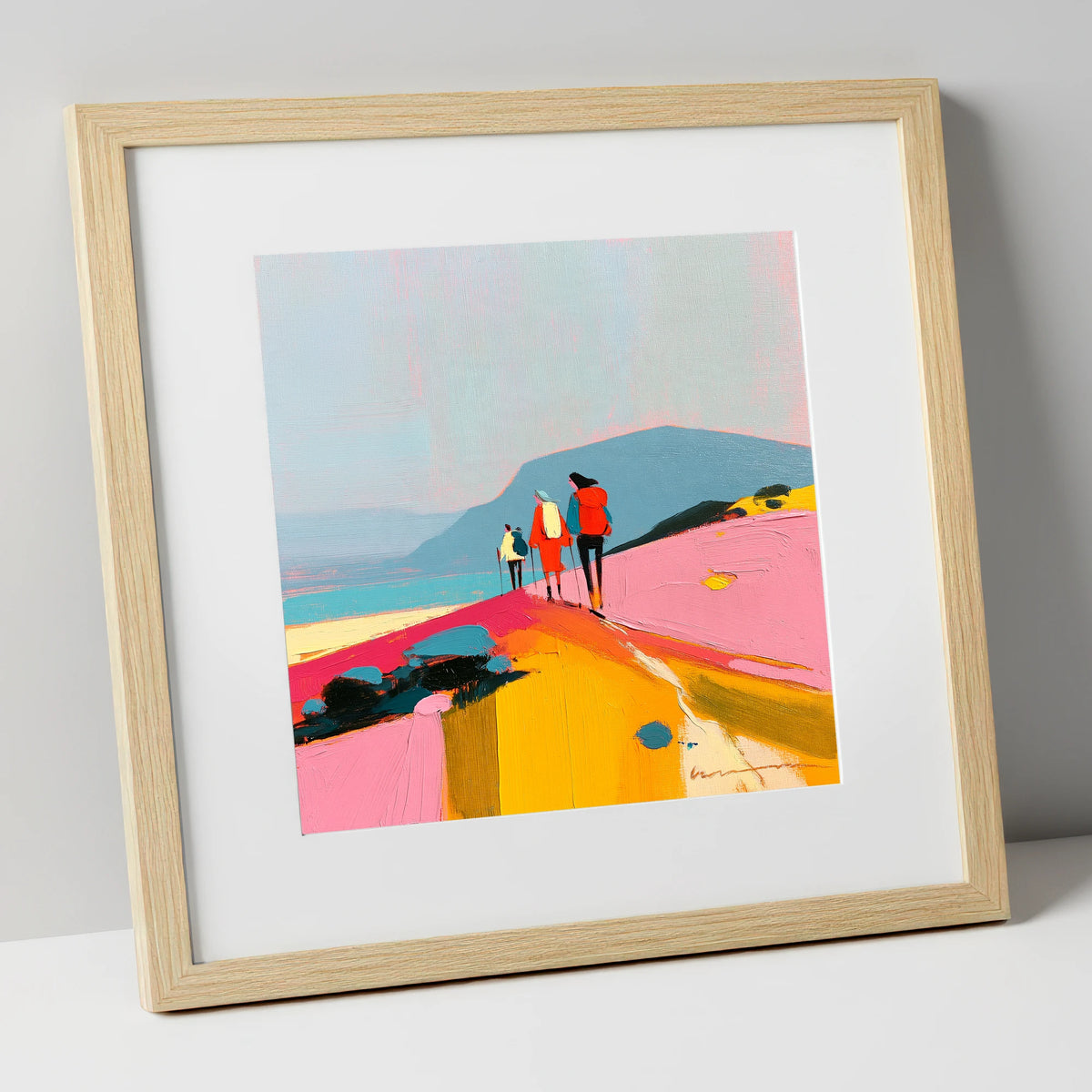 Bright Fell Ridge Walkers lake district fell art print in natural frame