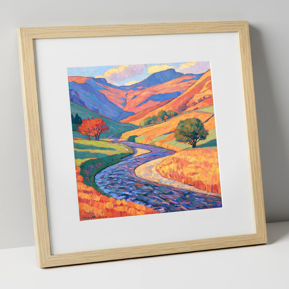 Winding River in Vibrant Valley lake district waterfall art print in natural frame