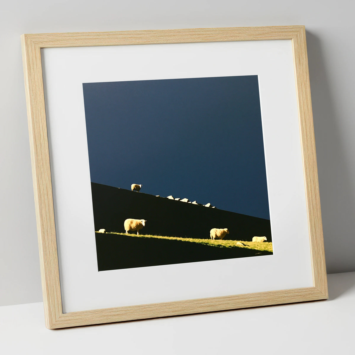 Herdwicks on a Silhouetted Fellside lake district wildlife art print in natural frame