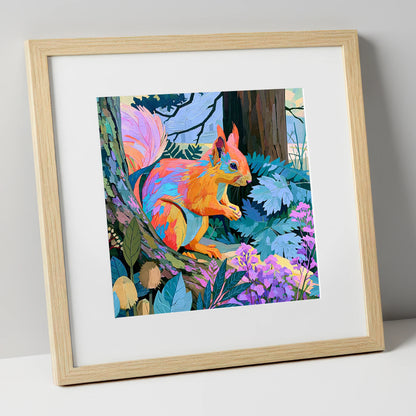 Vibrant Woodland Red Squirrel lake district wildlife art print in natural frame