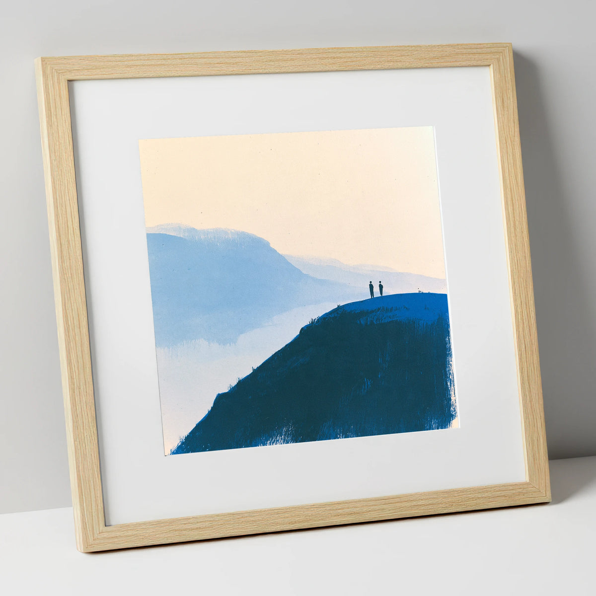 Silhouettes on a Blue Summit lake district fell art print in natural frame