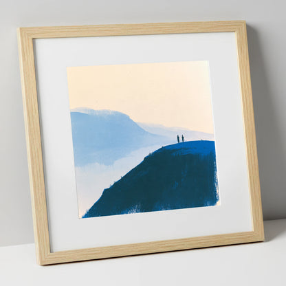 Silhouettes on a Blue Summit lake district fell art print in natural frame