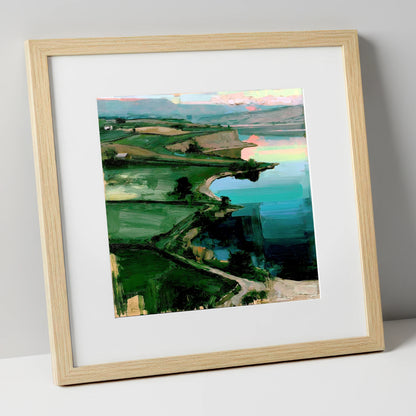 Pink Sky Over Turquoise Lake lake district lake art print in natural frame