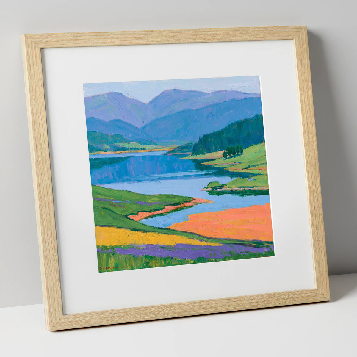 Vibrant Lake and Violet Fells lake district lake art print in natural frame