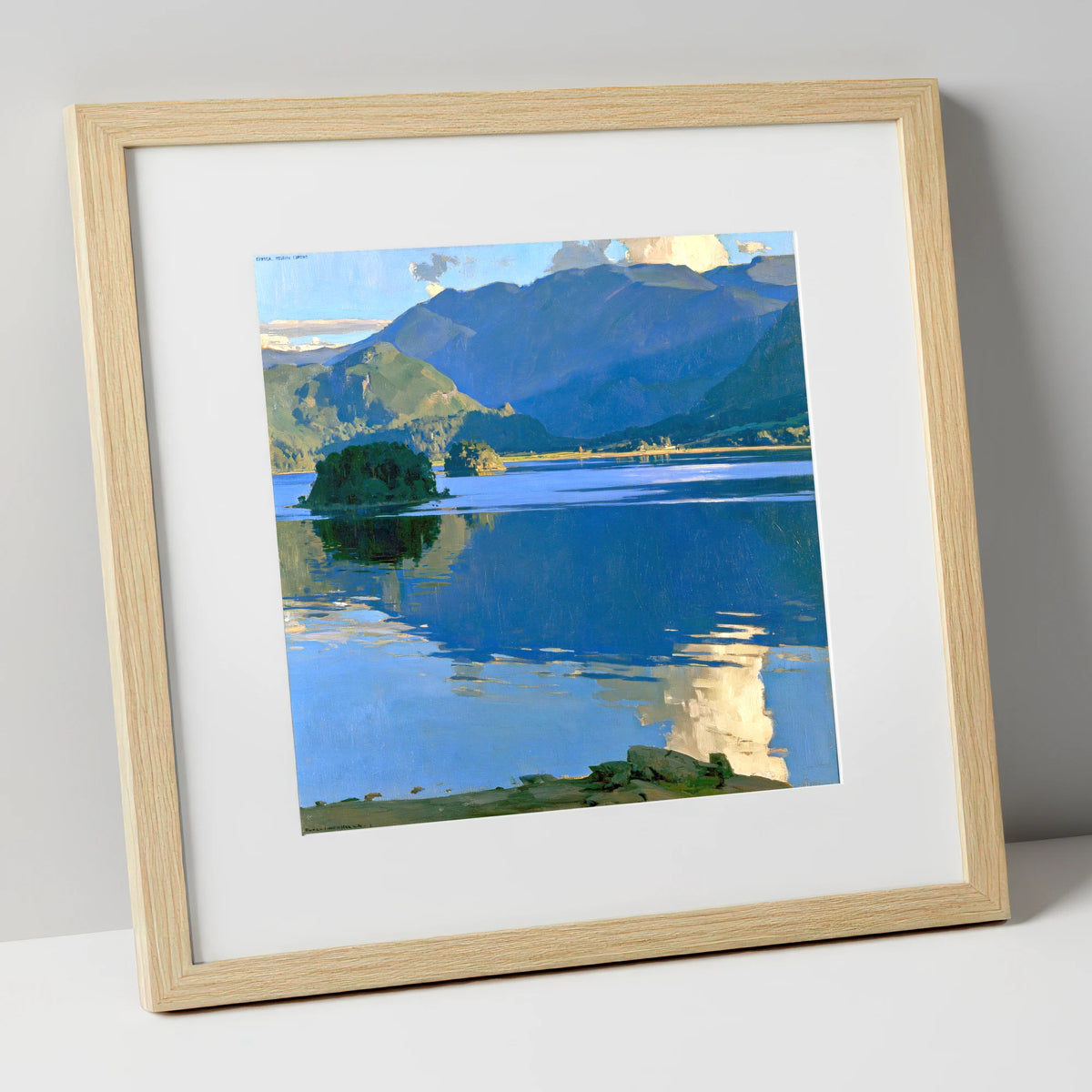 Vibrant Blue Derwentwater and Catbells lake district lake art print in natural frame