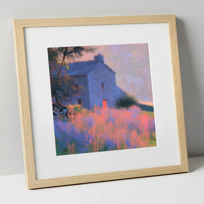 Stone Cottage in Pink Twilight lake district village art print in natural frame