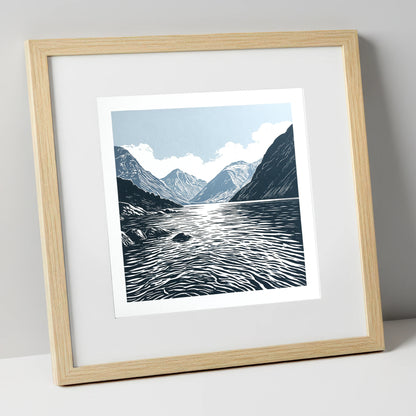Graphic Navy Wastwater Screes lake district lake art print in natural frame